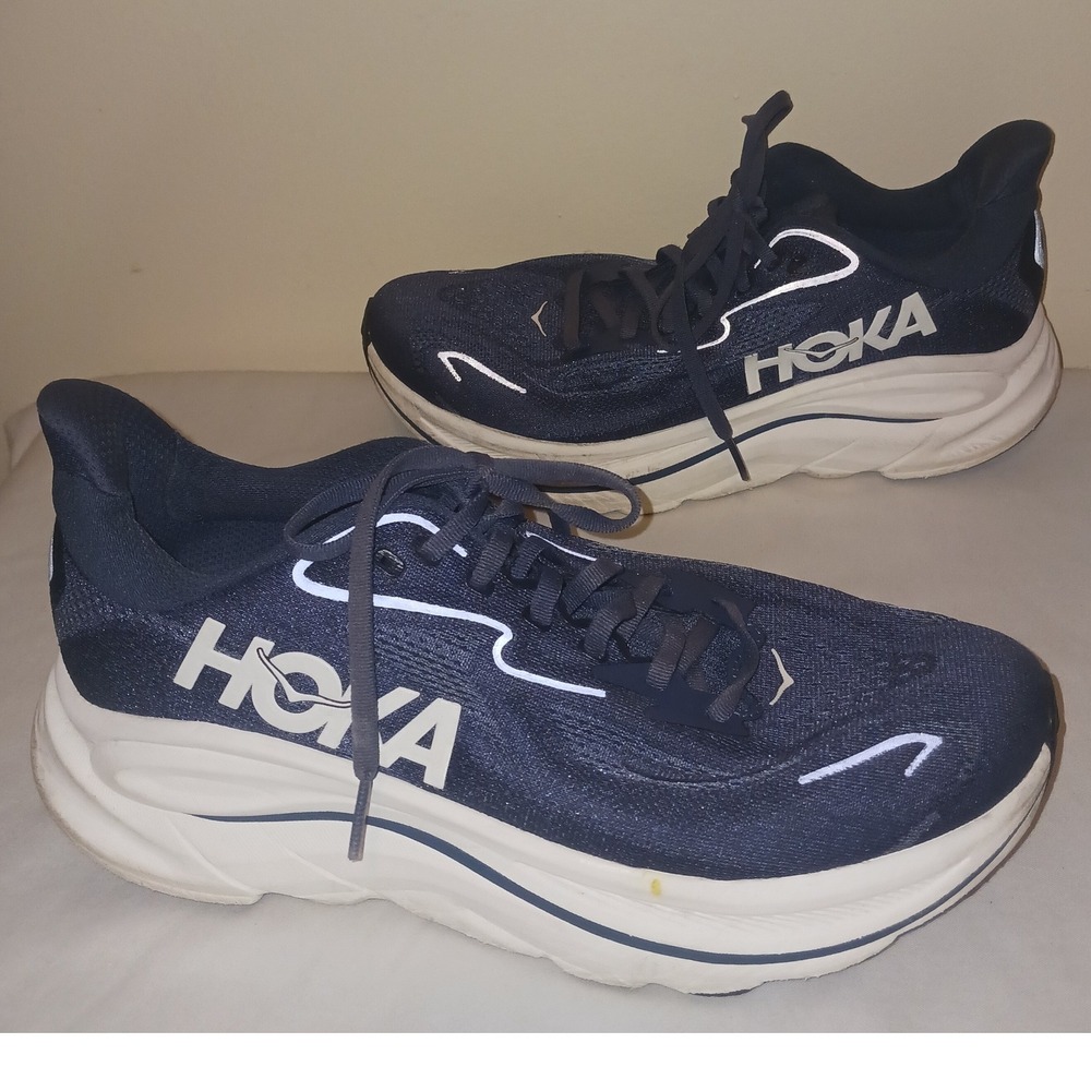Hoka Clifton 10 wide Mens 9 2E Navy Blue White Road Running Shoes Sneakers